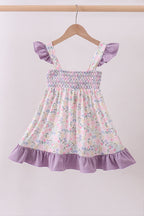 Purple floral smocked ruffle dress