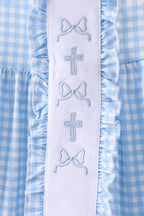 Blue cross bow embroidery ruffle gingham shorts set