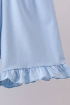 Blue cross bow embroidery ruffle gingham shorts set