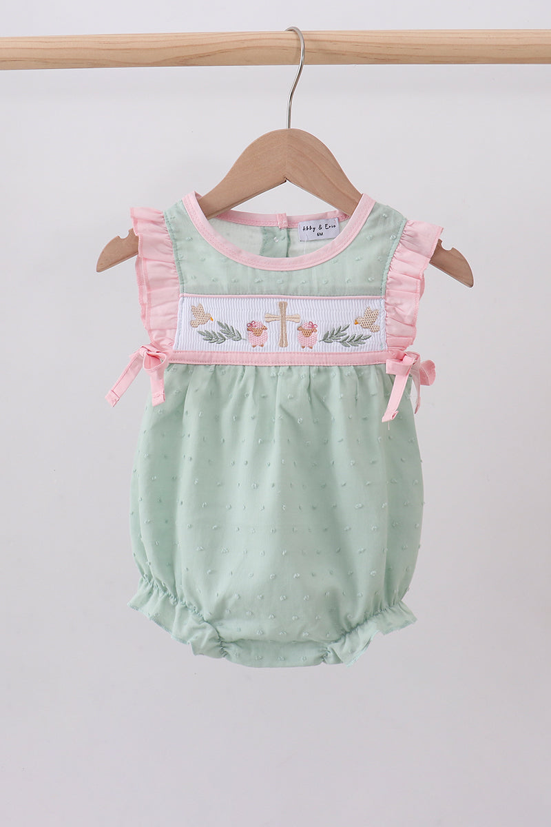 Green swiss dot cross sheep ruffle bubble