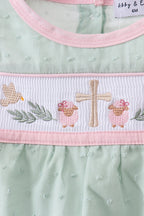 Green swiss dot cross sheep ruffle bubble