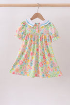 Pink floral print puff sleeve ruffle dress