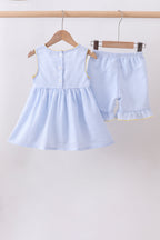 Blue lemon embroidery seersucker ruffle shorts set