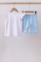 Blue flag smocked jacquard ruffle shorts set
