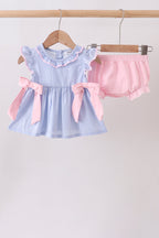 Blue Stripe Bow Seersucker Bloomer Set