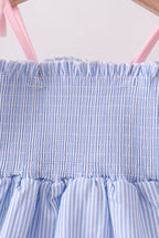 Blue Stripe Bow Smocked Seersucker Ruffle Shorts Set