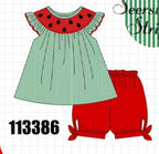 Green Watermelon Stripe Smocked Embroidered Seersucker Set
