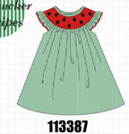 Green Watermelon Stripe Smocked Embroidered Seersucker Dress