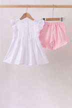 White Bow Smocked Jacquard Ruffle Shorts Set