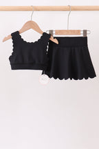 Black Scalloped Yoga Skorts Set