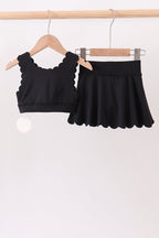 Black Scalloped Yoga Skorts Set