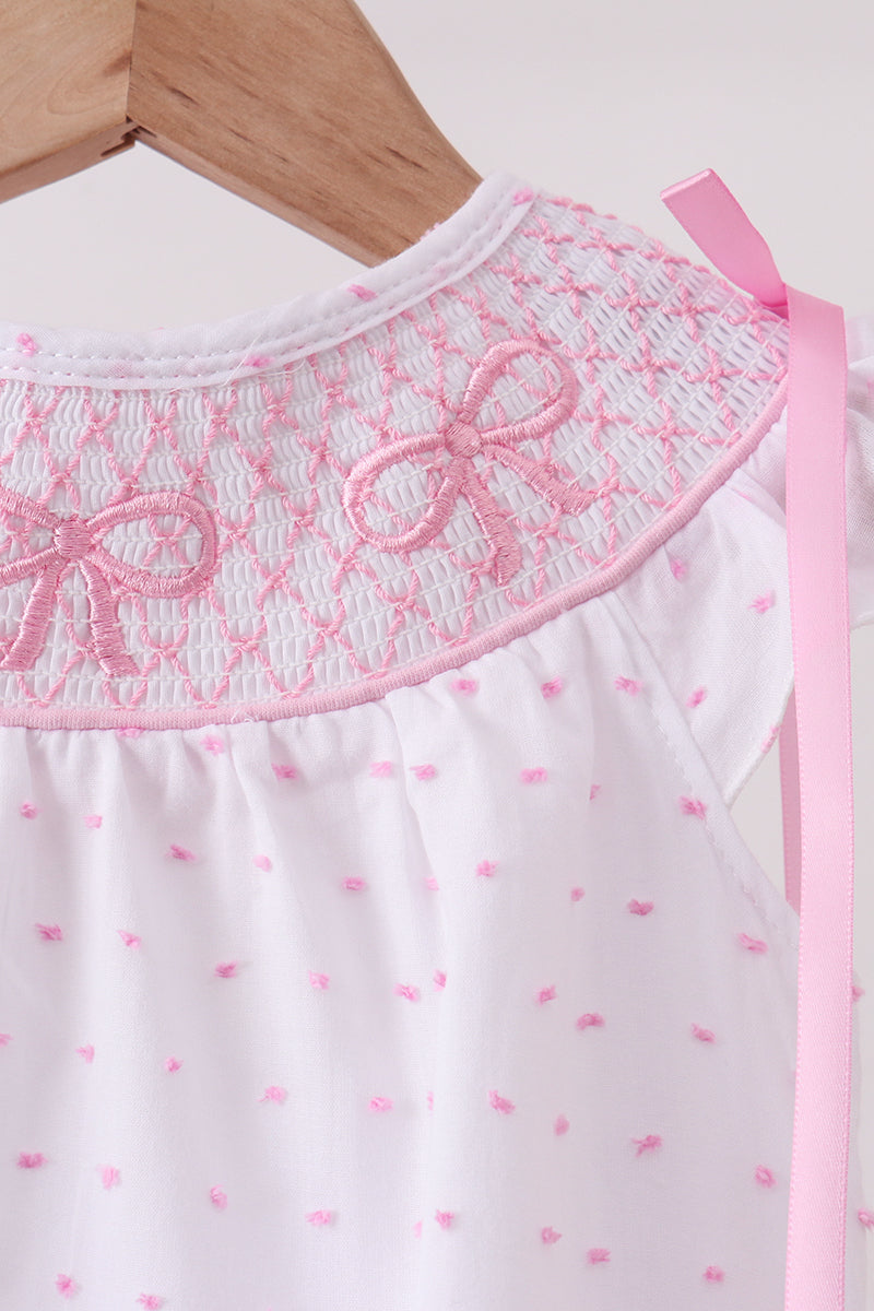 Pink Bow Smocked Swiss Dot Bubble