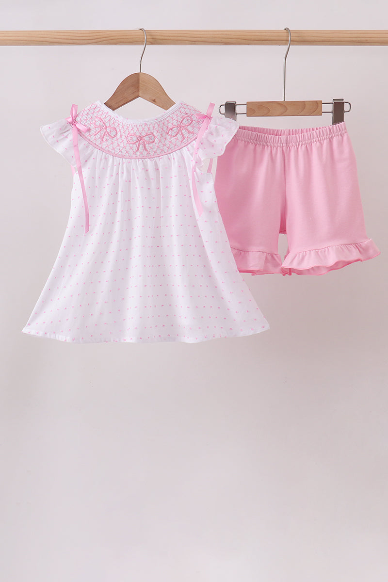 Pink Bow Smocked Swiss Dot Shorts Set