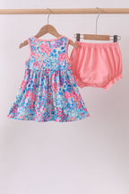 Pink tropical floral print ruffle bow bloomer set