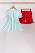 Blue Apple Smocked Ruffle Shorts Set