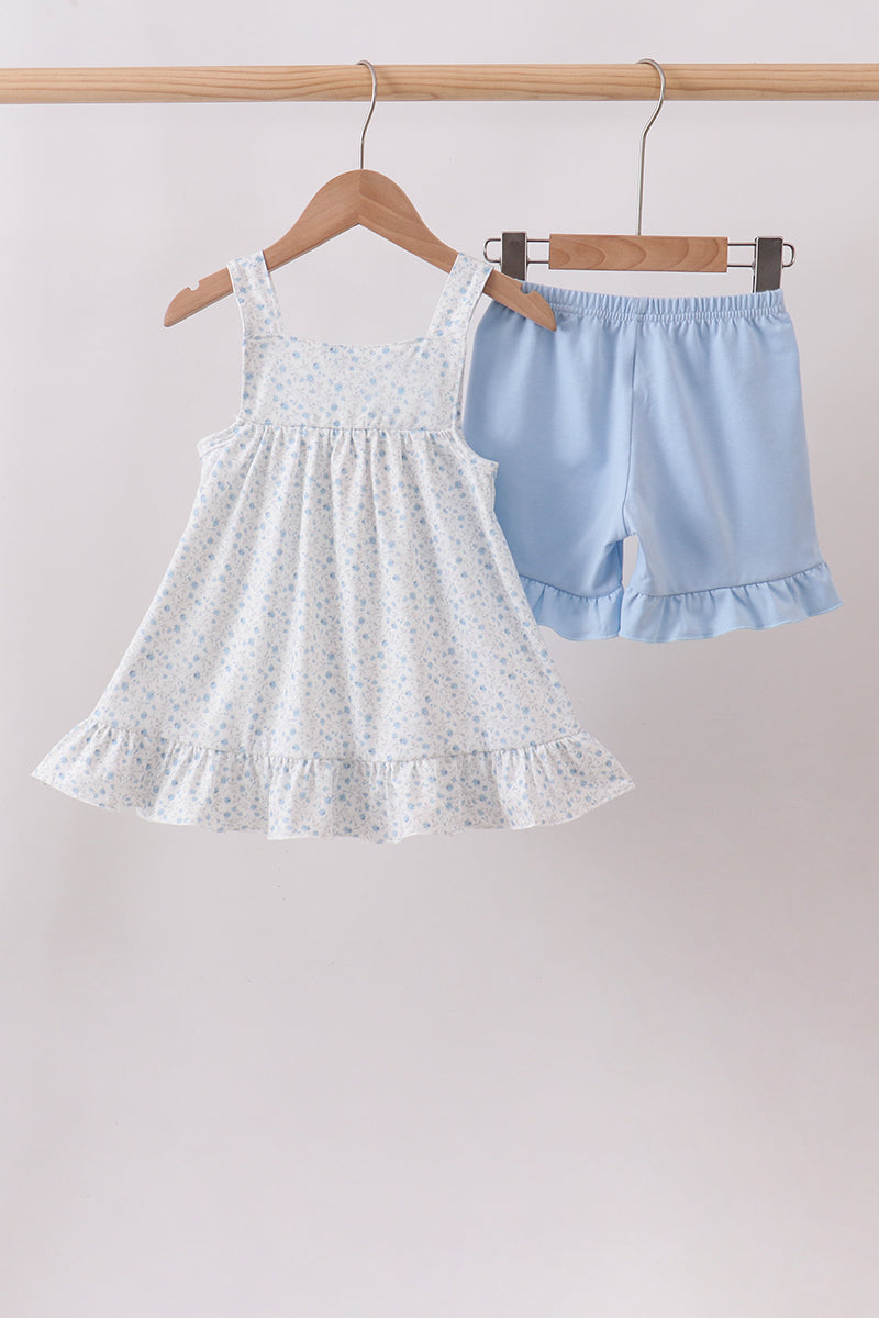 Blue Floral Embroidered Ruffle Shorts Set