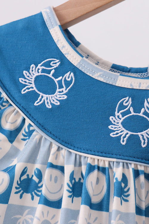 Blue Crab Embroidered Checkered Ruffle Shorts Set