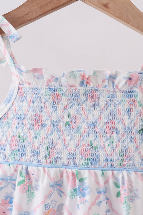 Blue Floral Smocked Bubble