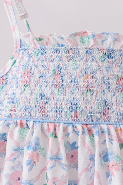 Blue Floral Smocked Bloomer Set