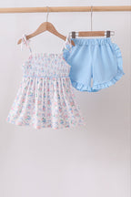 Blue Floral Smocked Ruffle Shorts Set