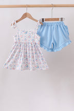 Blue Floral Smocked Ruffle Shorts Set