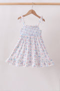 Blue Floral Smocked Ruffle Dress