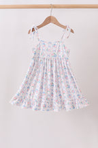Blue Floral Smocked Ruffle Dress