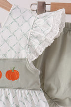 Sage pumpkin embroidery bow ruffle bloomer set