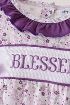 Purple floral blessed smocked ruffle bubble