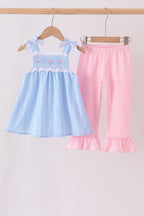 Blue Floral Smocked Lace Ruffle Pants Set