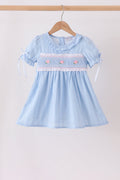 Blue Floral Smocked Lace Ruffle Dress