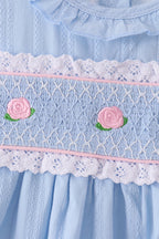 Blue Floral Smocked Lace Ruffle Dress
