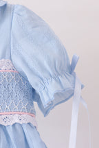 Blue Floral Smocked Lace Ruffle Dress