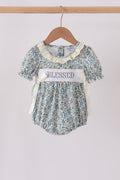 Sage Floral Blessed Smocked Ruffle Bubble