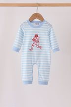 Blue Football Embroidery Stripe Romper
