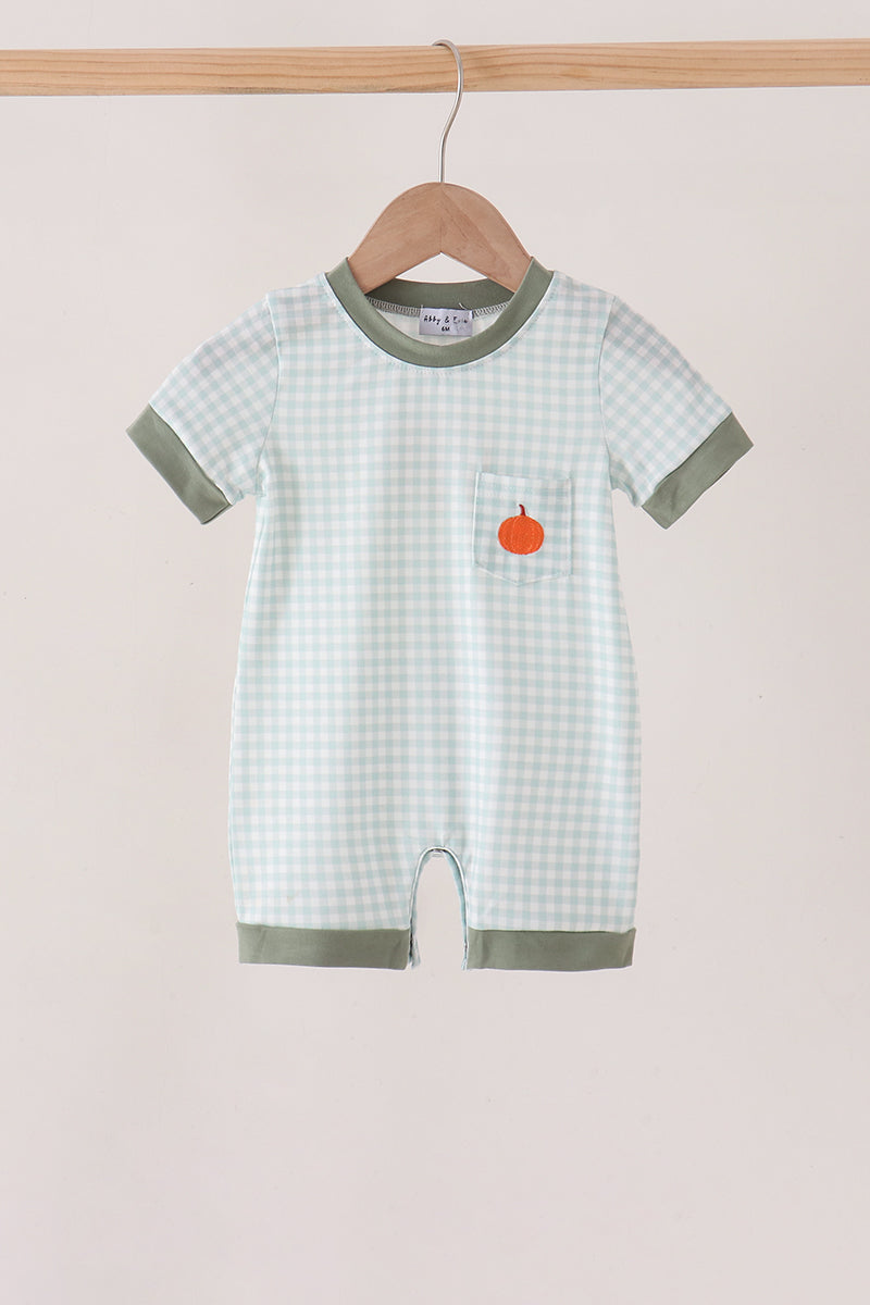 Sage pumpkin embroidery gingham romper
