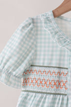 Sage pumpkin smocked gingham dress