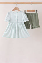 Sage pumpkin smocked gingham ruffle shorts set