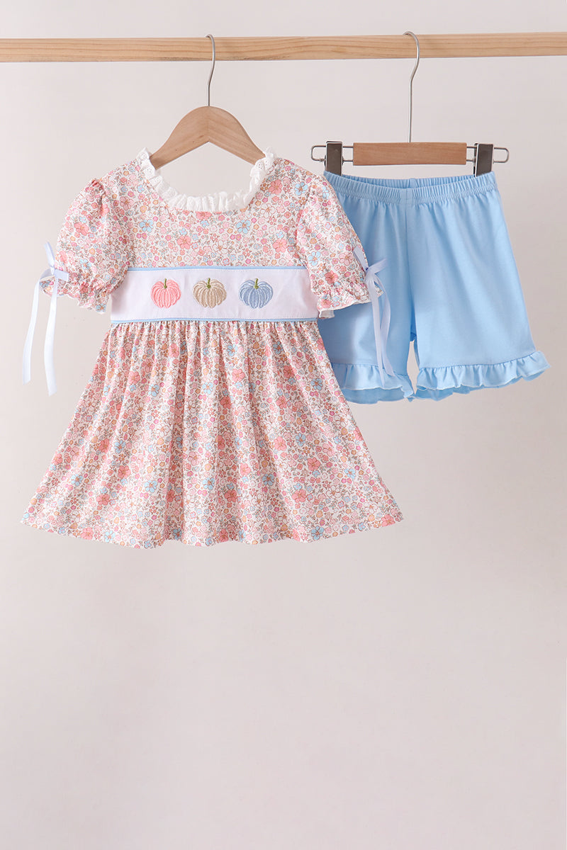 Pink Pumpkin Floral Embroidery Shorts Set