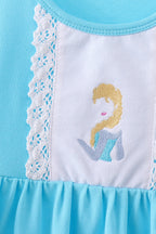 Blue character embroidery ruffle dress