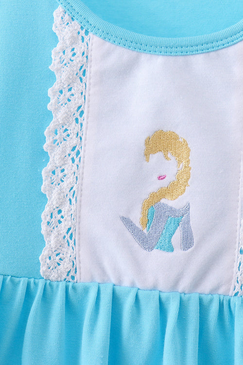 Blue character embroidery ruffle dress