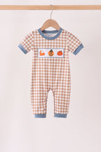 Brown turkey pumpkin embroidery gingham romper