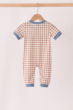 Brown turkey pumpkin embroidery gingham romper