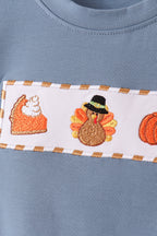 Blue turkey pumpkin embroidery gingham pants set