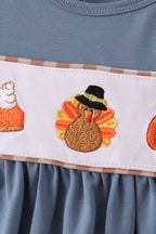 Blue turkey pumpkin embroidery gingham ruffle pants set