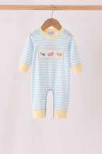 Blue airplane embroidery stripe romper