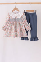 Floral smocked lace ruffle pants set