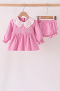 Pink corduroy lace smocked bloomer set