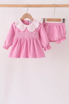 Pink corduroy lace smocked bloomer set