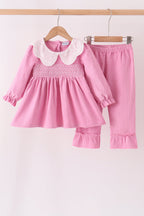 Pink corduroy lace smocked ruffle pants set